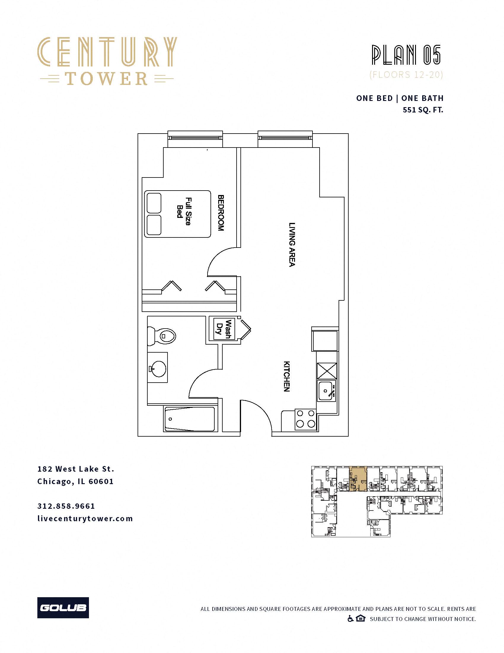 Floor plan for 1 bed, 1 bath, 551 sqft